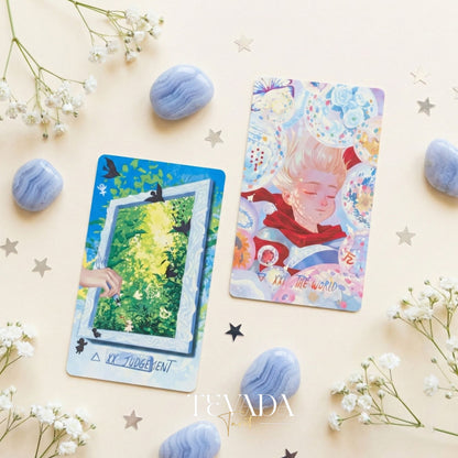 Starlit Gleanings Tarot with cute anime style watercolor art for intuitive divination and healing guidance.