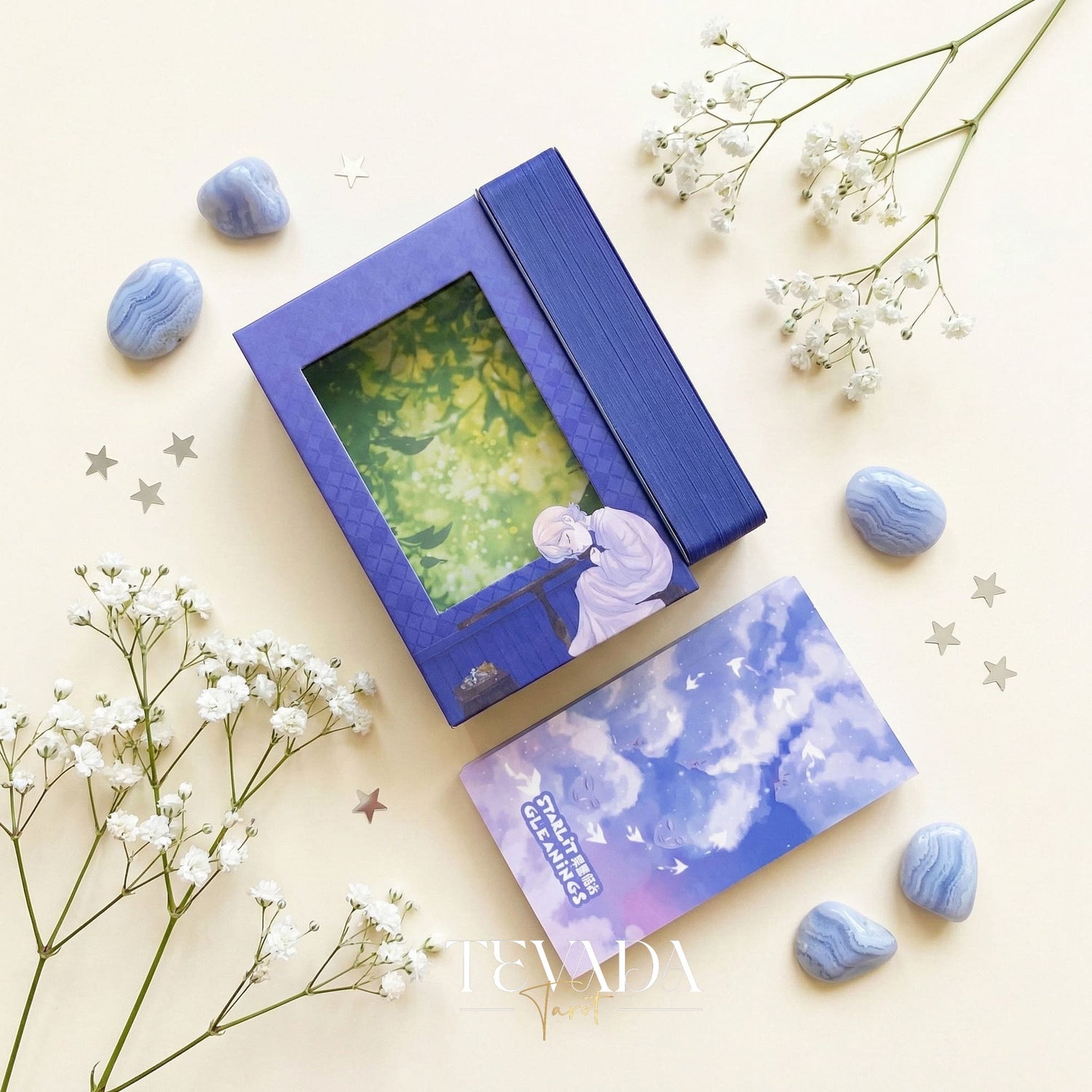 Starlit Gleanings Tarot with cute anime style watercolor art for intuitive divination and healing guidance.