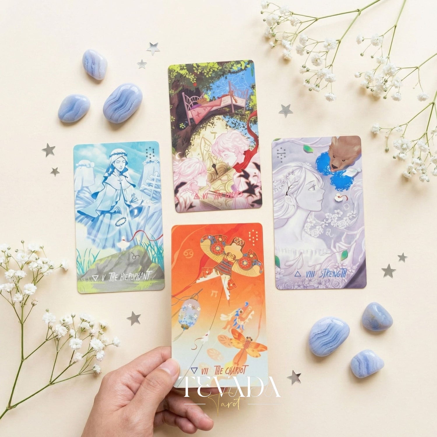 Starlit Gleanings Tarot with cute anime style watercolor art for intuitive divination and healing guidance.