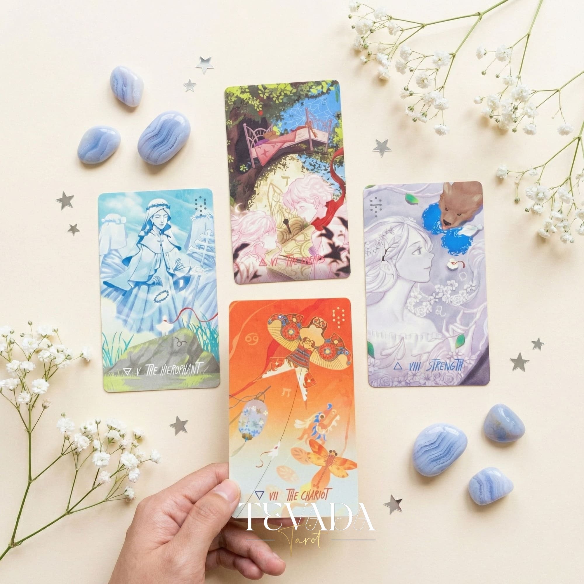 Starlit Gleanings Tarot with cute anime style watercolor art for intuitive divination and healing guidance.