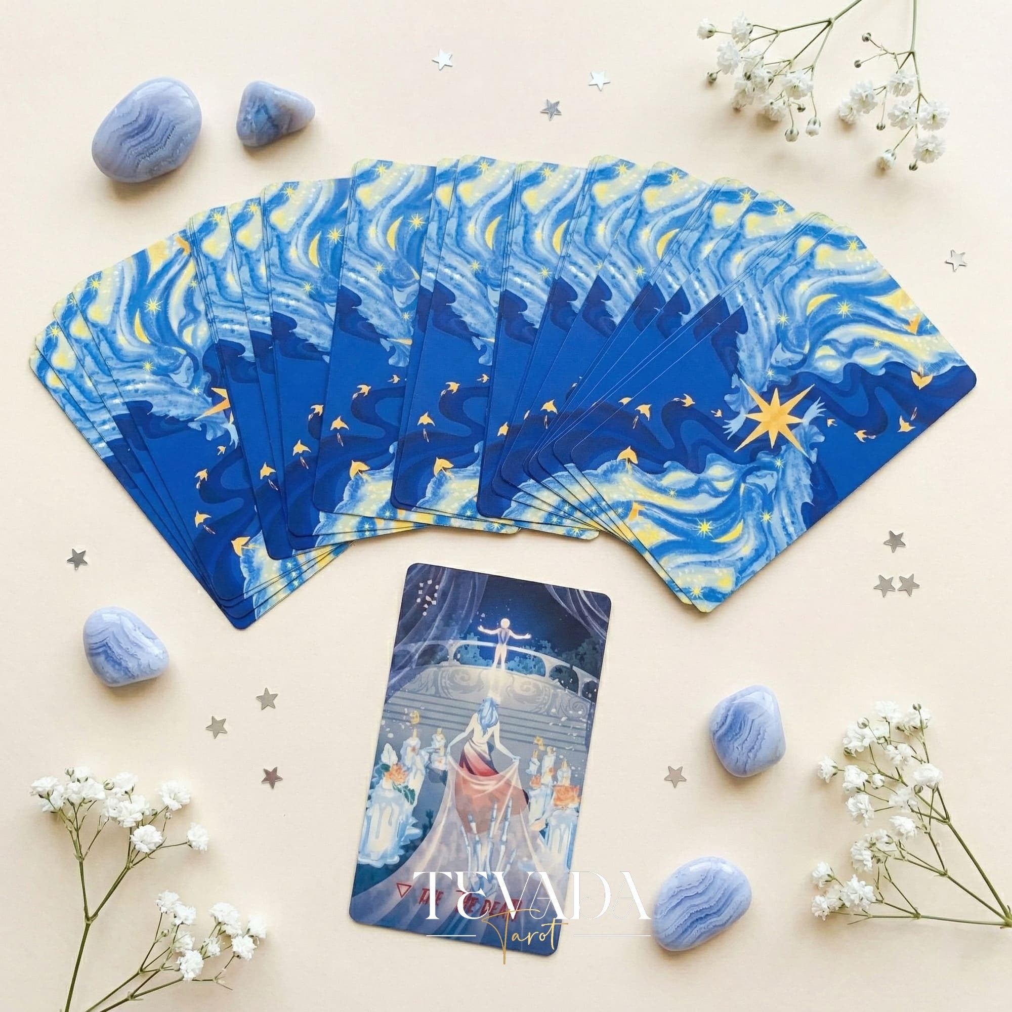 Starlit Gleanings Tarot with cute anime style watercolor art for intuitive divination and healing guidance.