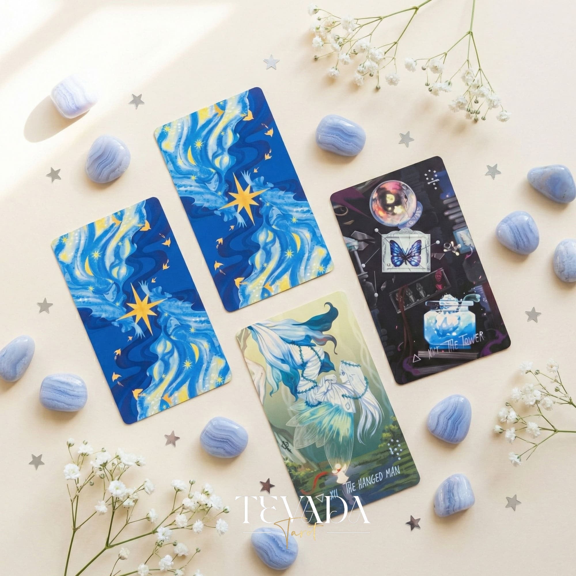 Starlit Gleanings Tarot with cute anime style watercolor art for intuitive divination and healing guidance.