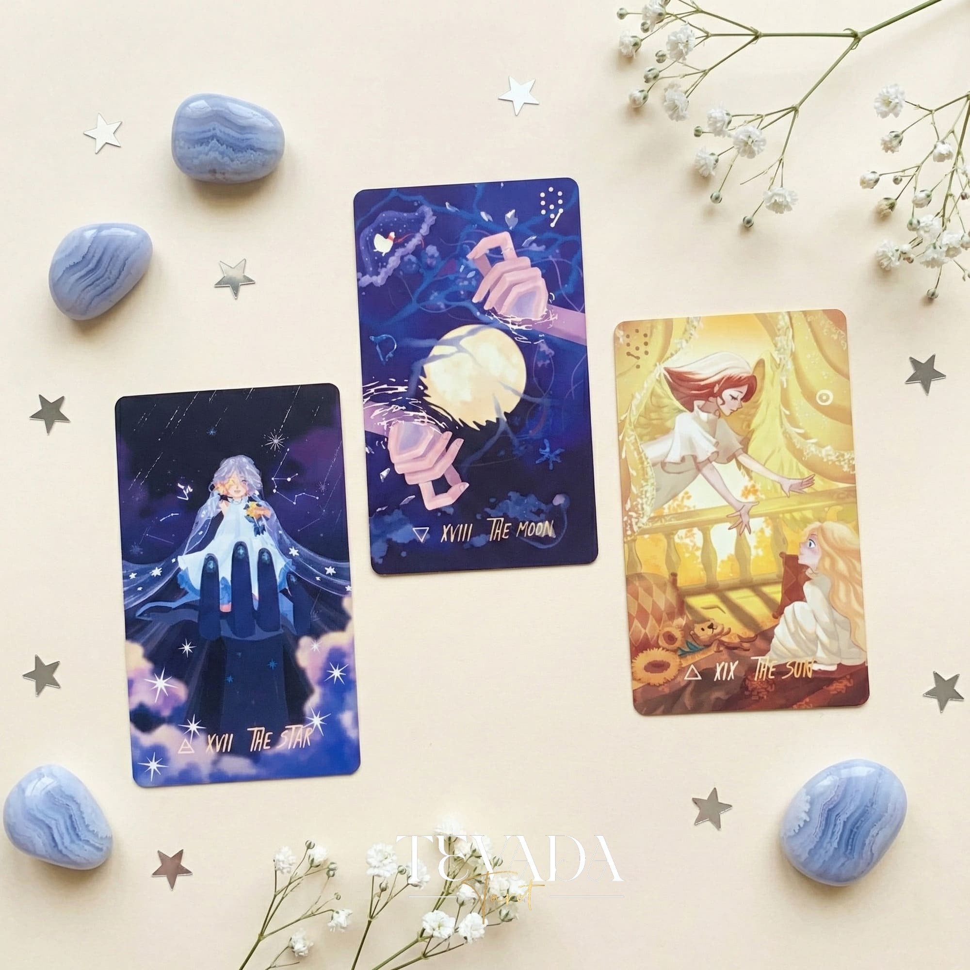 Starlit Gleanings Tarot with cute anime style watercolor art for intuitive divination and healing guidance.