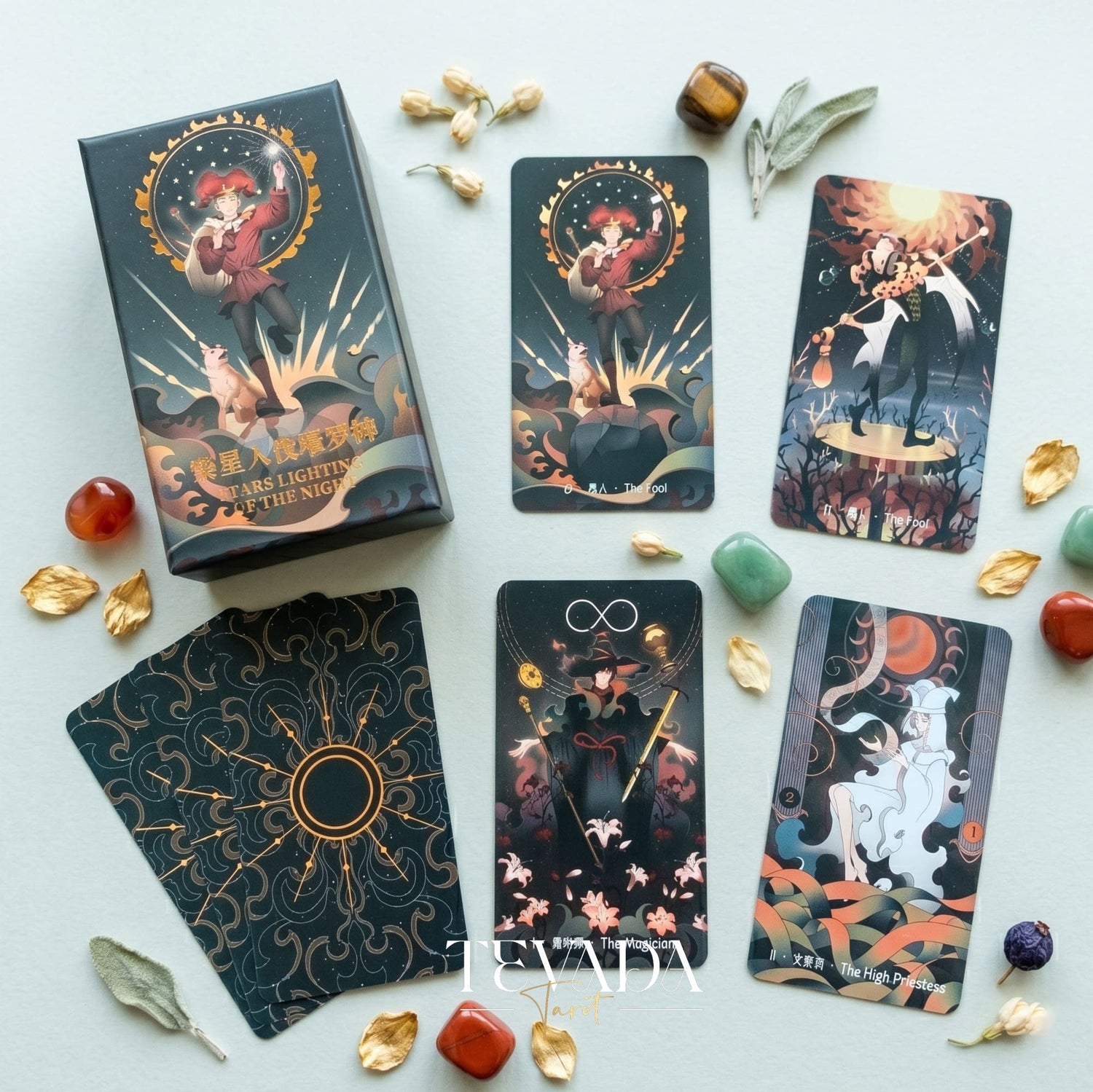 Stars Lighting Up the Night Tarot II mysterious gothic cartoon indie tarot deck for inner child healing and collectors.