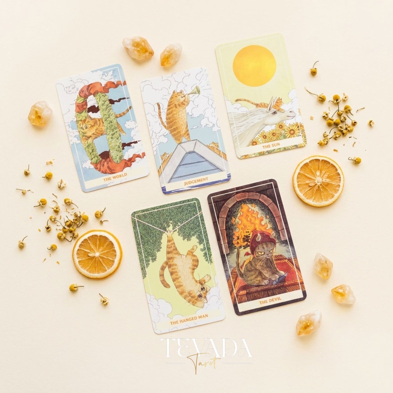 Sunny Orange Cat Tarot PRO Edition whimsical cartoon Indie Tarot Deck for inner child healing and gentle self reflection.