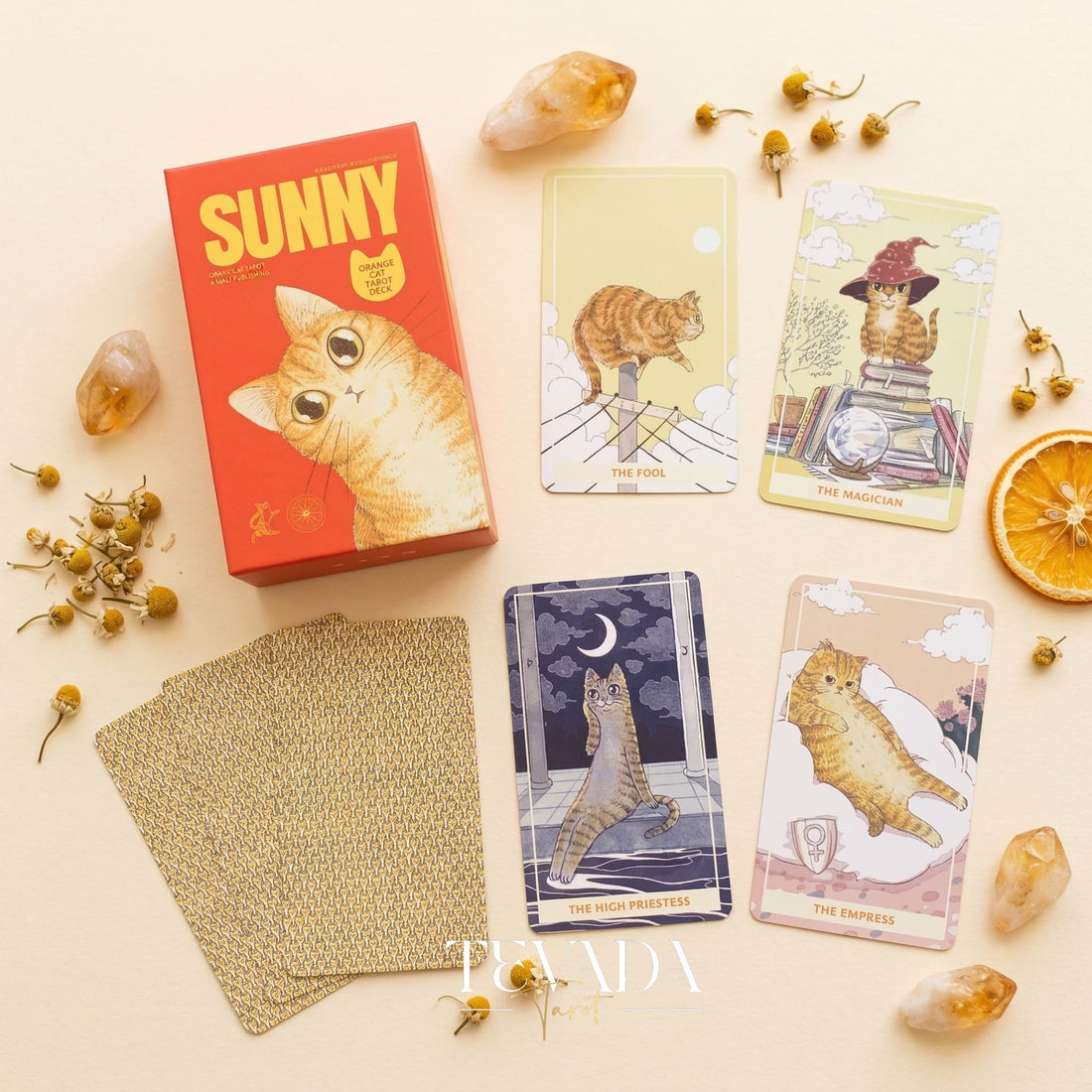 Sunny Orange Cat Tarot PRO Edition whimsical cartoon Indie Tarot Deck for inner child healing and gentle self reflection.