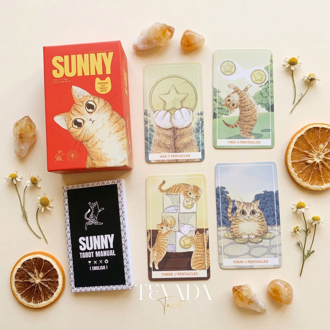 Sunny Orange Cat Tarot PRO Edition whimsical cartoon Indie Tarot Deck for inner child healing and gentle self reflection.