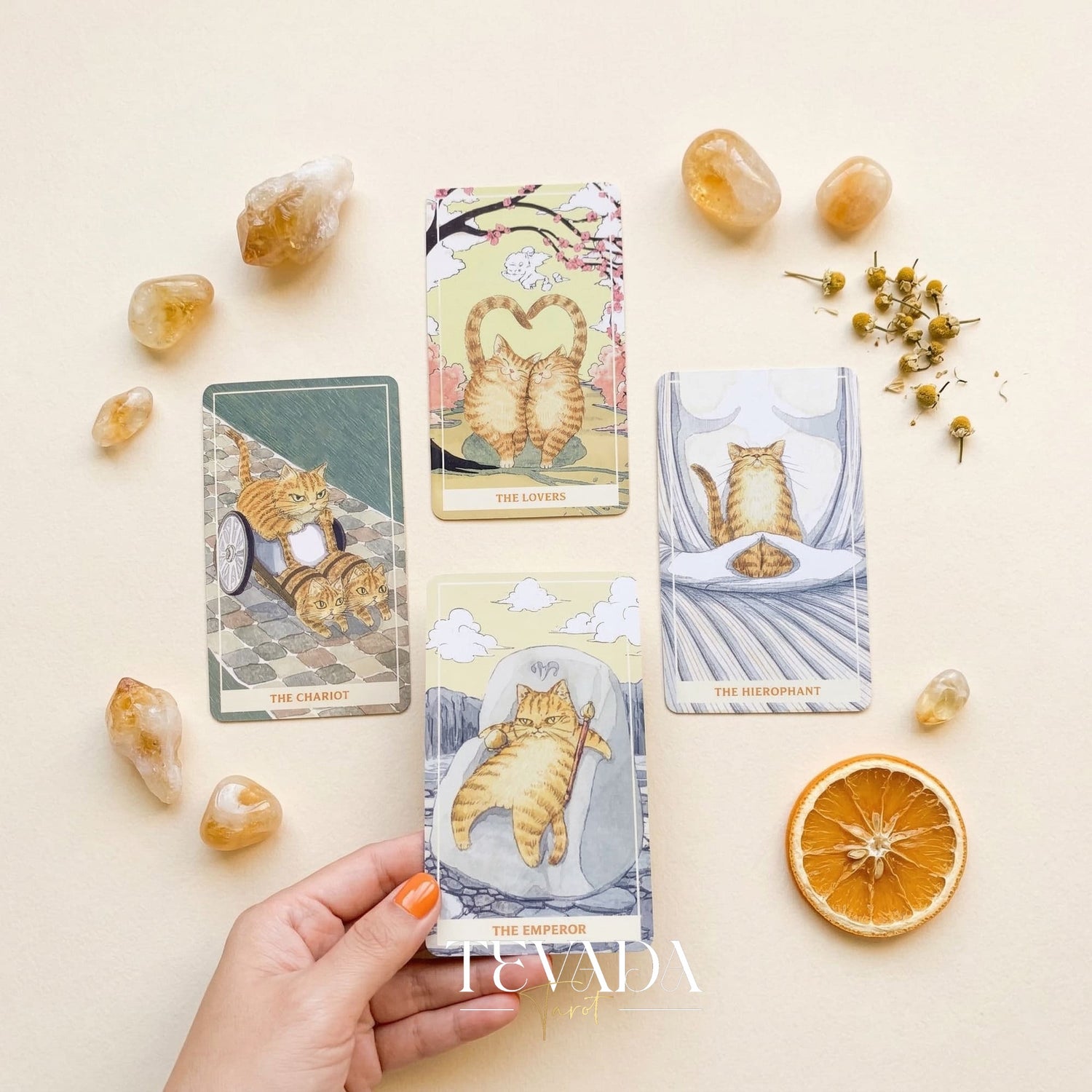 Sunny Orange Cat Tarot PRO Edition whimsical cartoon Indie Tarot Deck for inner child healing and gentle self reflection.