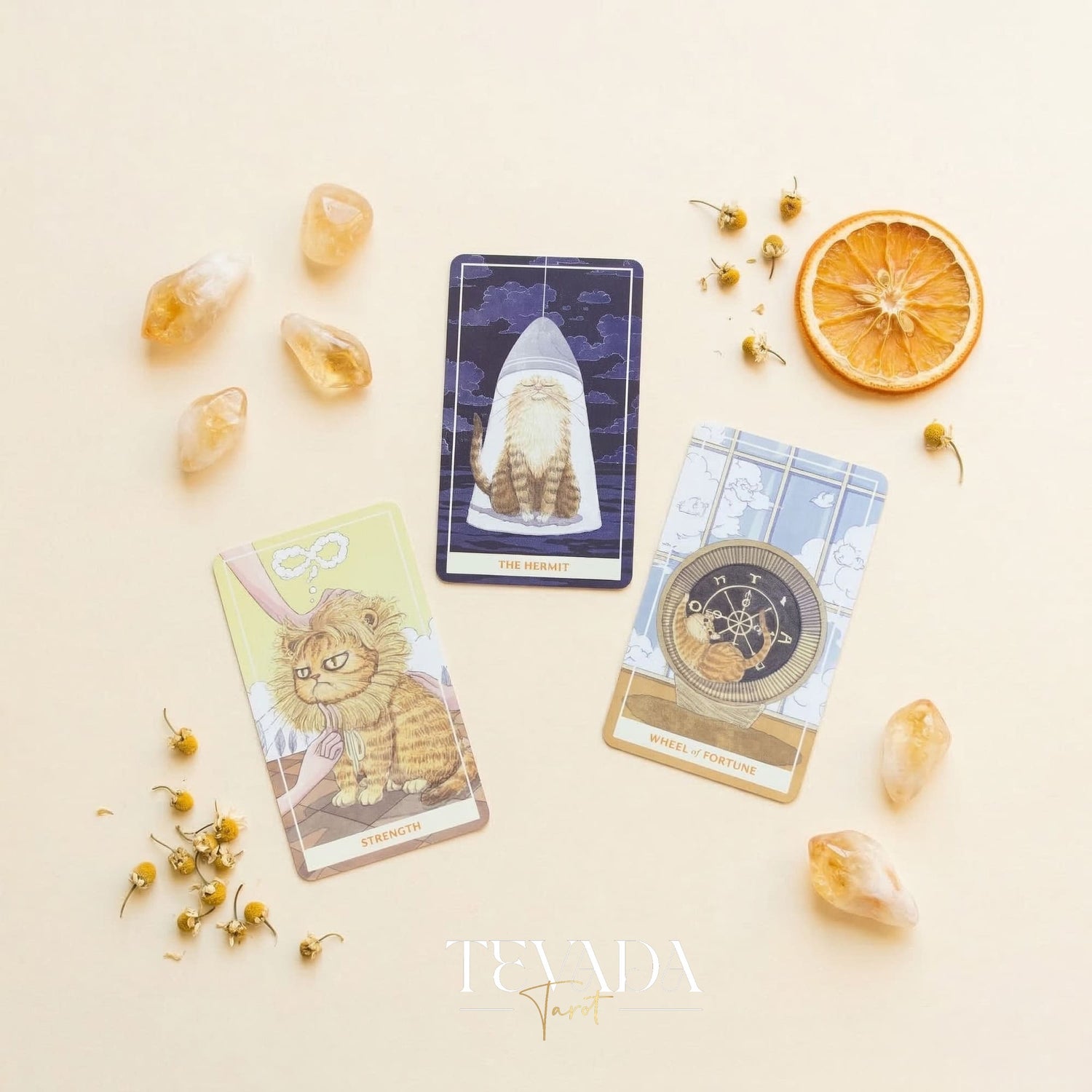 Sunny Orange Cat Tarot PRO Edition whimsical cartoon Indie Tarot Deck for inner child healing and gentle self reflection.