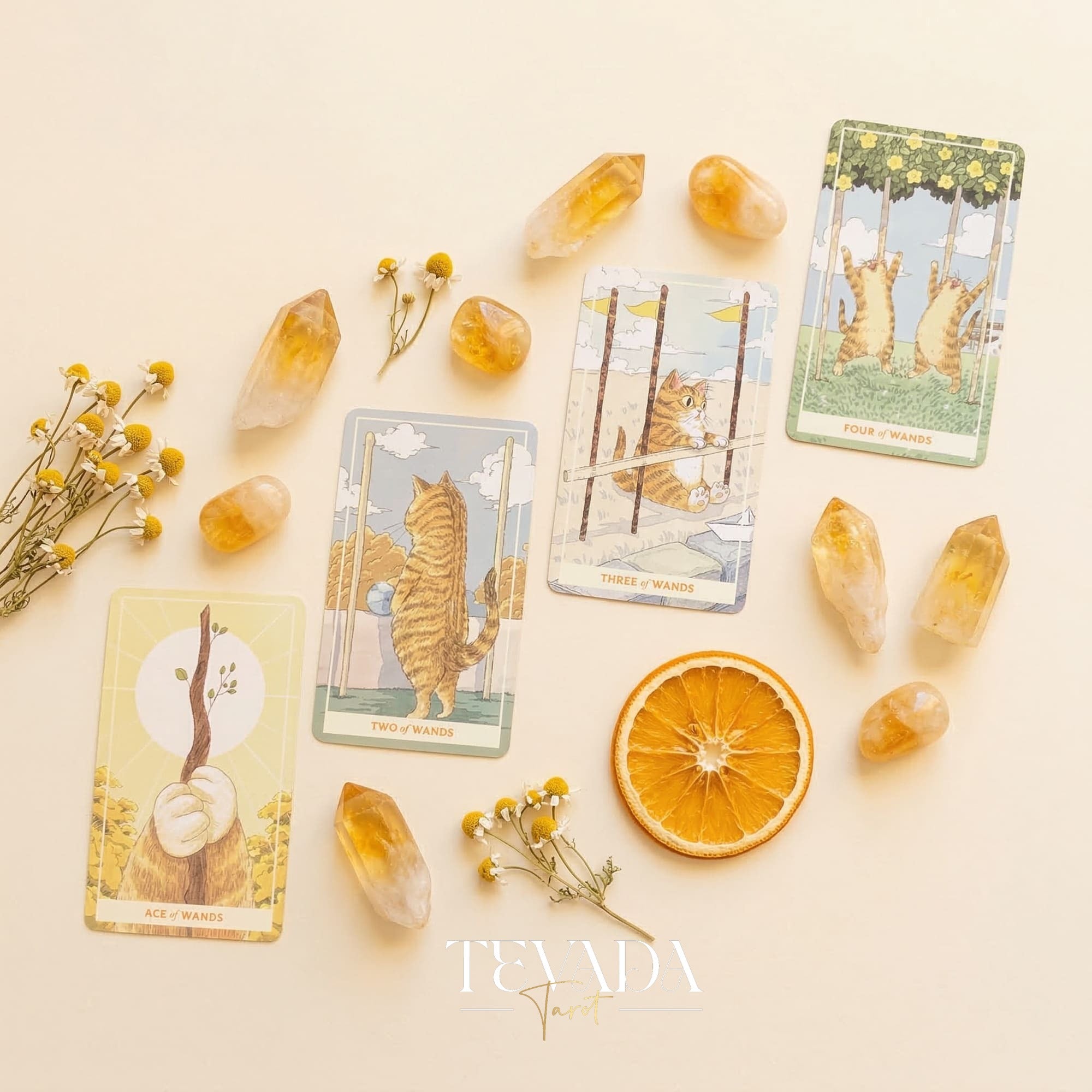 Sunny Orange Cat Tarot PRO Edition whimsical cartoon Indie Tarot Deck for inner child healing and gentle self reflection.