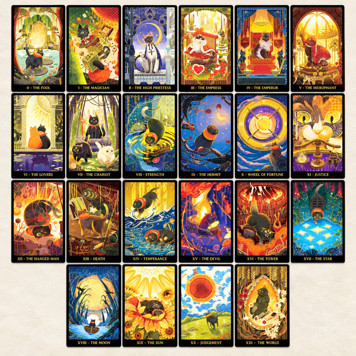 Tales of Catrealm Tarot DELUXE Edition Major Arcana cards in a grid with colorful illustrated cats and fantasy scenes.