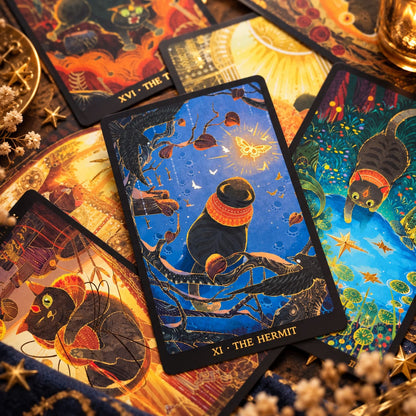 Tales of Catrealm Tarot DELUXE Edition The Hermit cat card surrounded by illustrated cards and gold decorations.