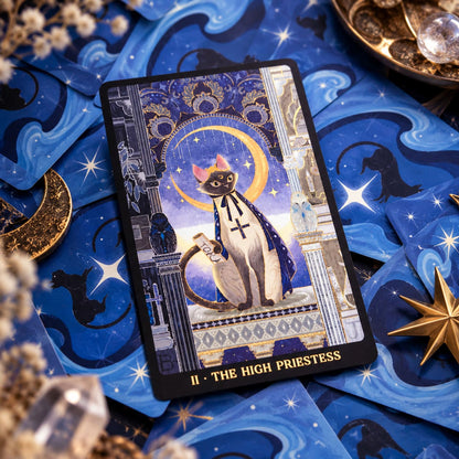 Tales of Catrealm Tarot DELUXE Edition The High Priestess cat card displayed on blue celestial fabric.
