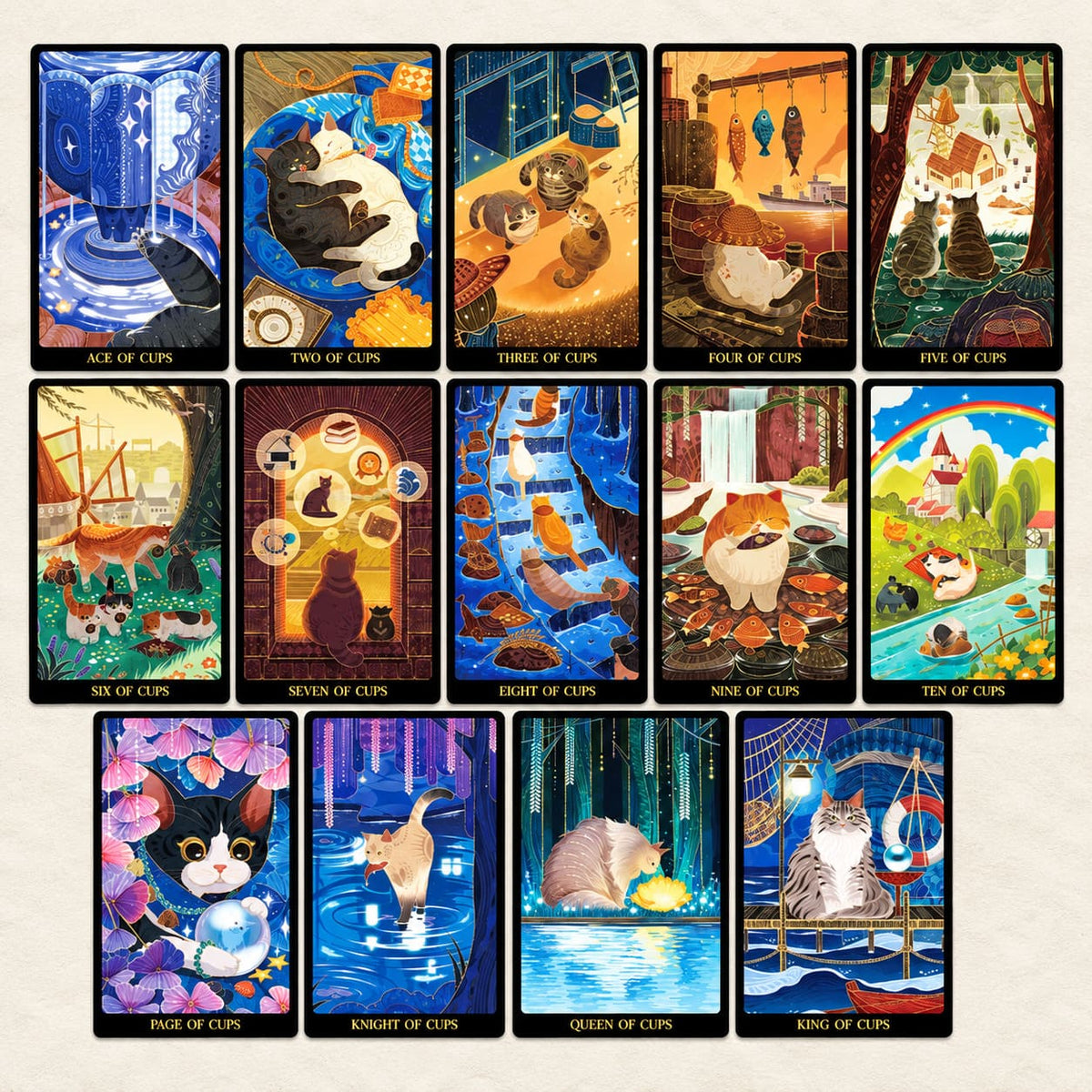 Tales of Catrealm Tarot DELUXE Edition Cups cards displayed in a grid with whimsical feline illustrations.