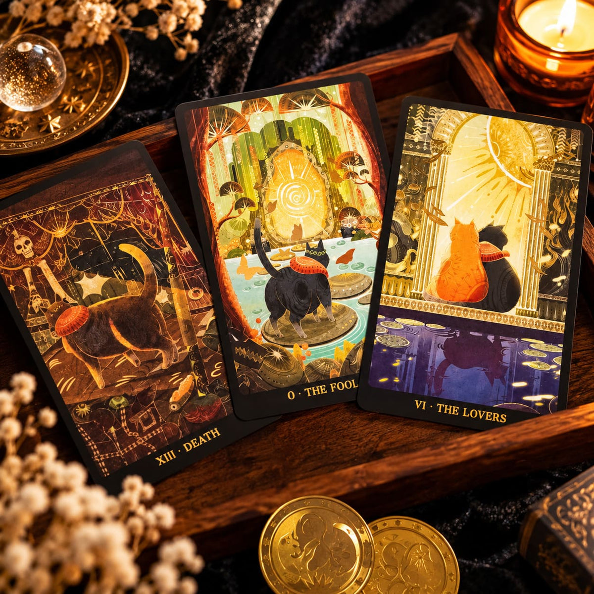 Tales of Catrealm Tarot DELUXE Edition The Devil, The Fool and The Lovers cards beside flowers and candlelight.