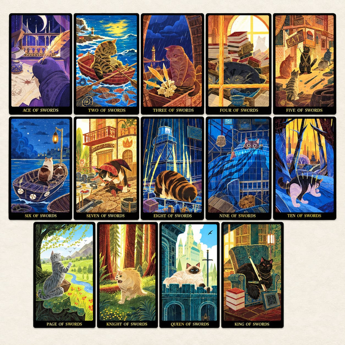Tales of Catrealm Tarot DELUXE Edition Swords cards arranged in a grid of blue and gold fantasy cat scenes.