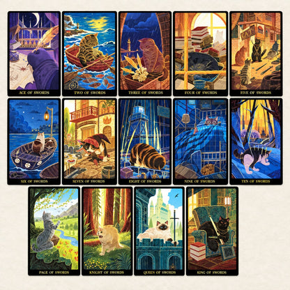 Tales of Catrealm Tarot DELUXE Edition Swords cards arranged in a grid of blue and gold fantasy cat scenes.