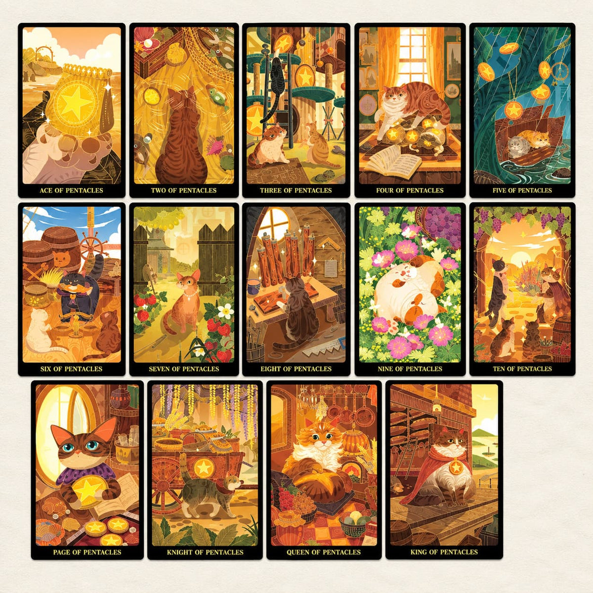 Tales of Catrealm Tarot DELUXE Edition Pentacles cards shown in a grid with warm yellow and green cat scenes.