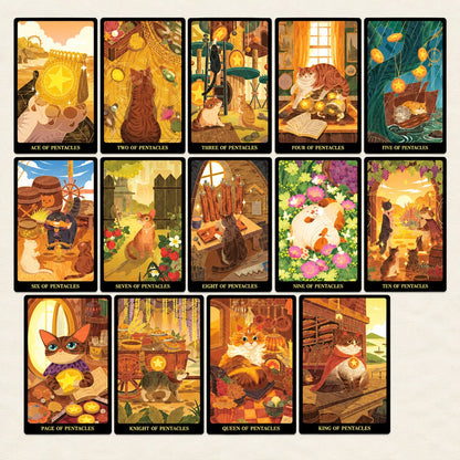 Tales of Catrealm Tarot DELUXE Edition Pentacles cards shown in a grid with warm yellow and green cat scenes.
