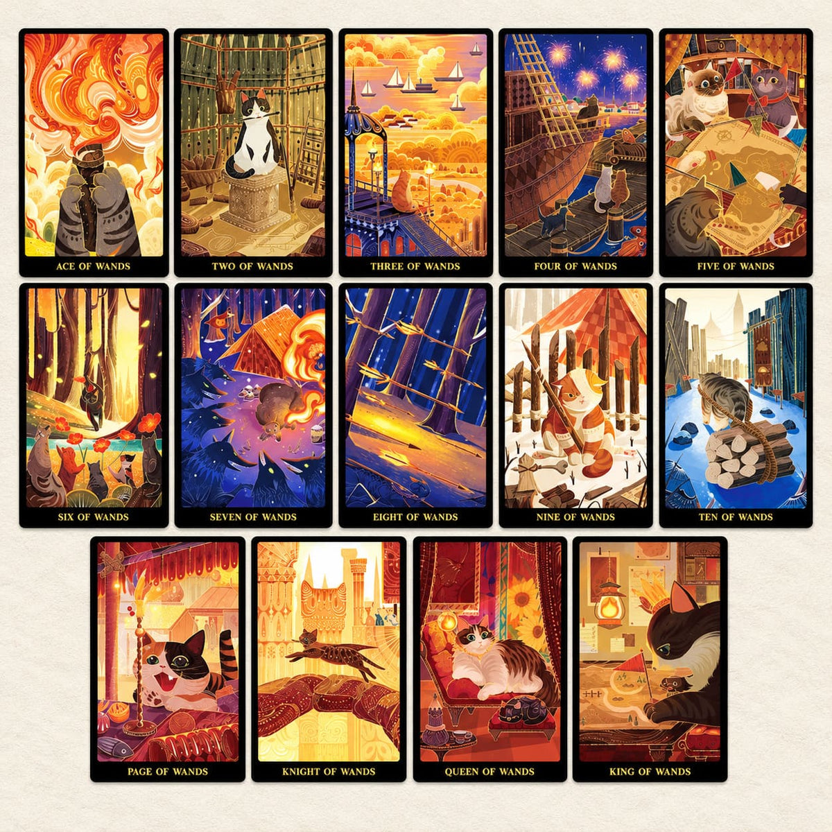 Tales of Catrealm Tarot DELUXE Edition Wands cards arranged in a grid with red, orange and purple cat artwork.