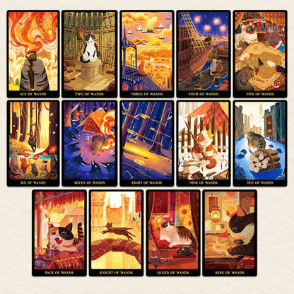 Tales of Catrealm Tarot DELUXE Edition Wands cards arranged in a grid with red, orange and purple cat artwork.