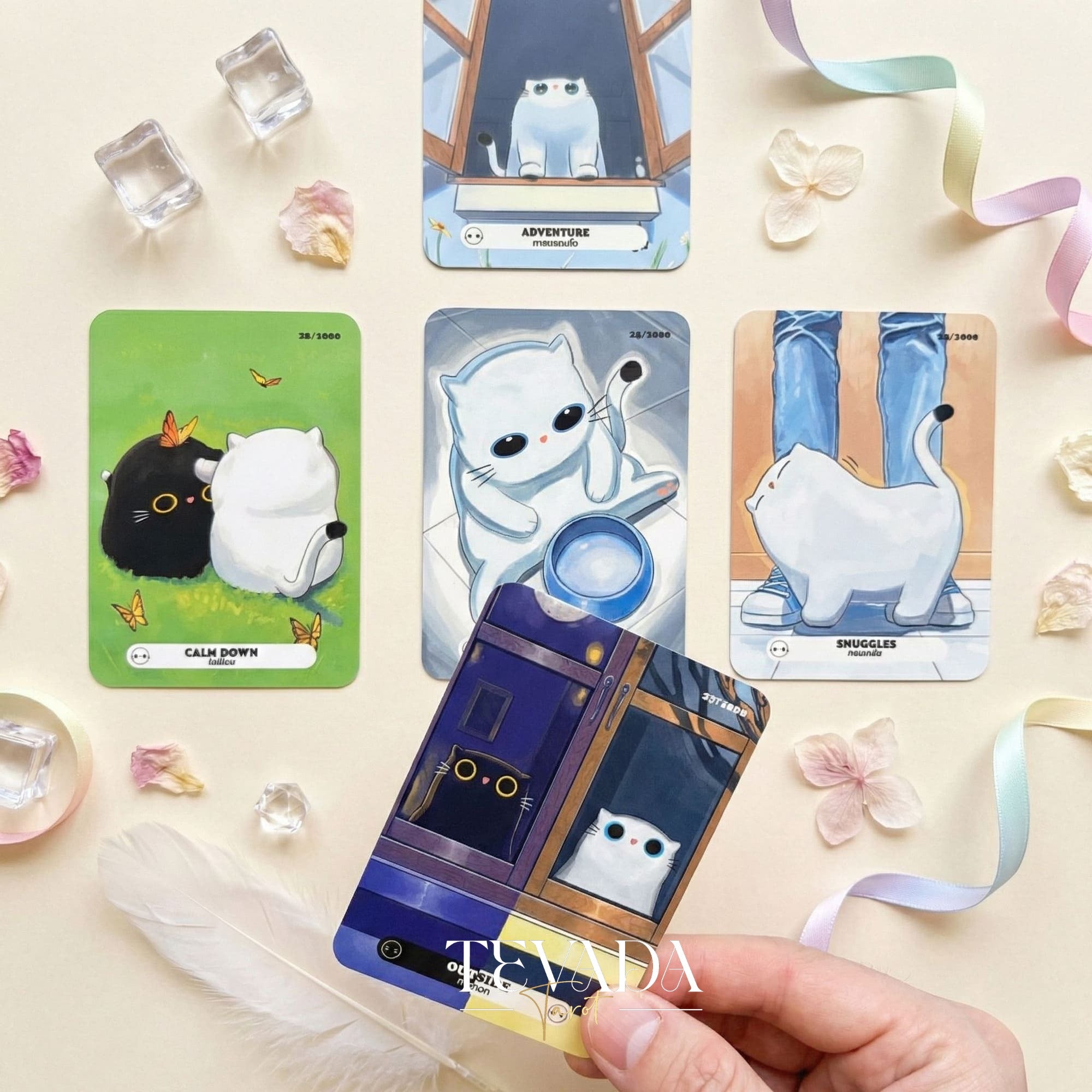 The 1000 Cats Oracle Decks featuring funny cartoon art and pocket size cards for lighthearted divination