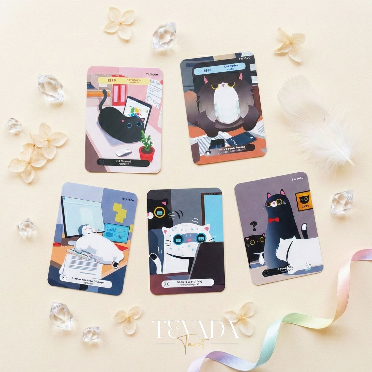 The 1000 Cats Oracle Decks featuring funny cartoon art and pocket size cards for lighthearted divination