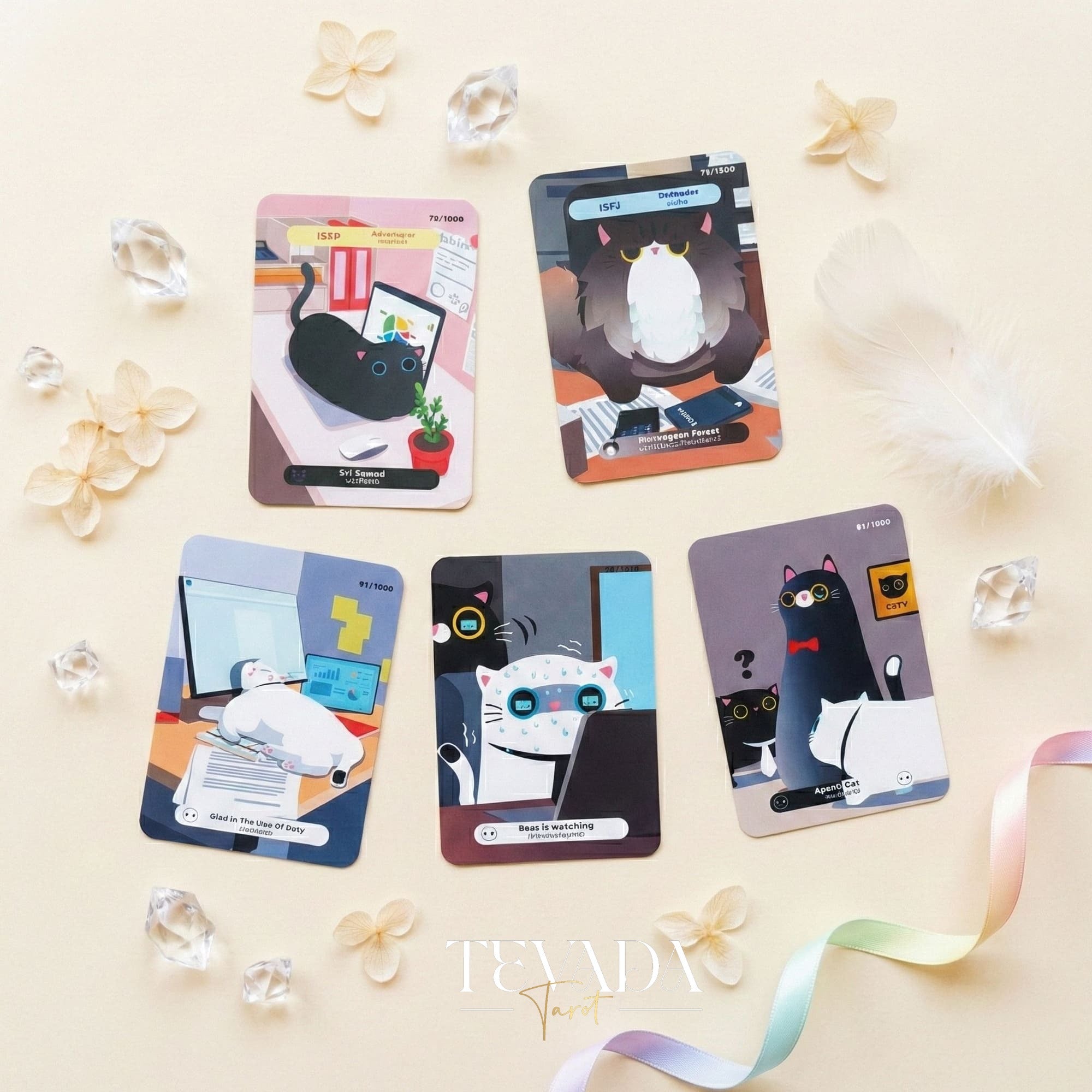 The 1000 Cats Oracle Decks featuring funny cartoon art and pocket size cards for lighthearted divination