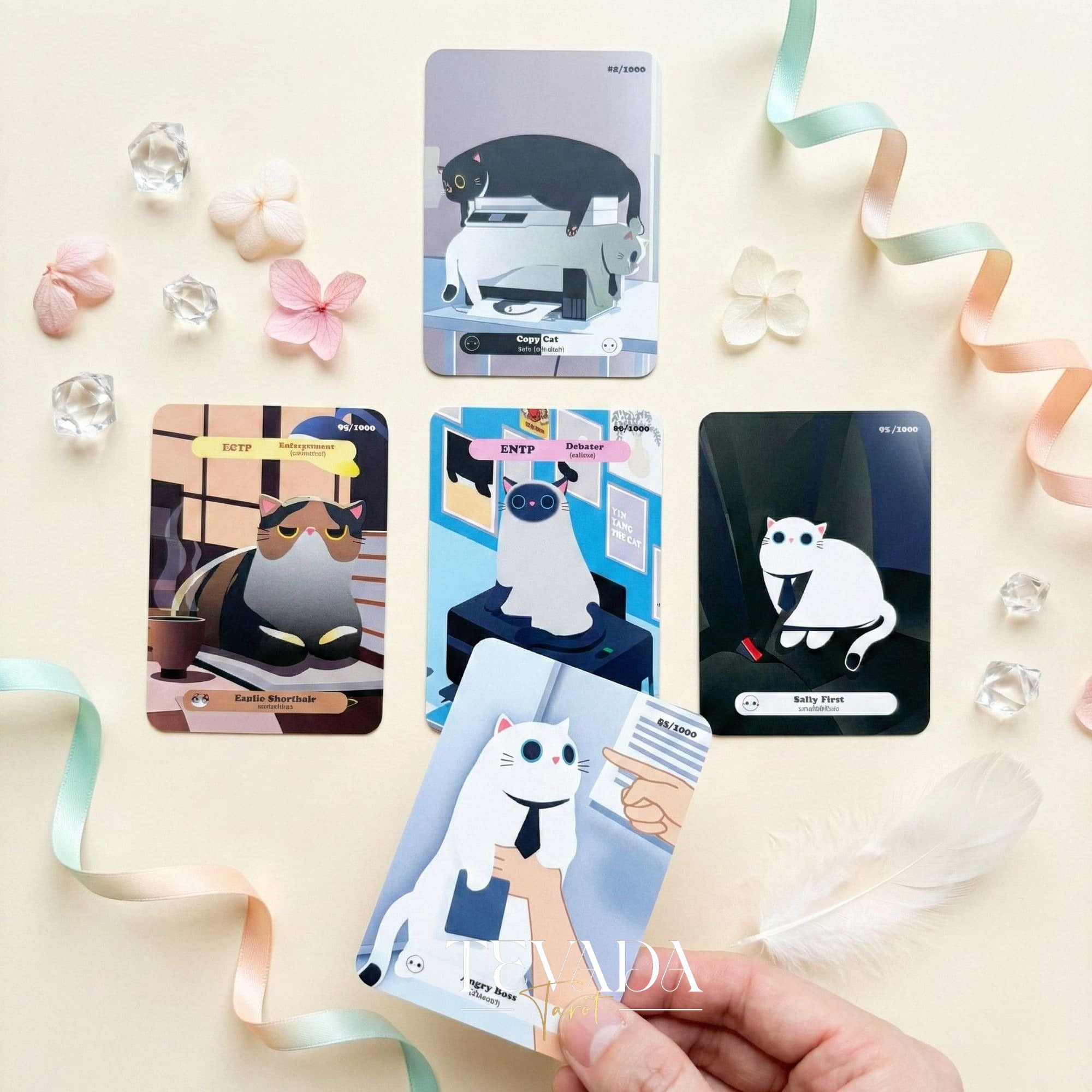 The 1000 Cats Oracle Decks featuring funny cartoon art and pocket size cards for lighthearted divination