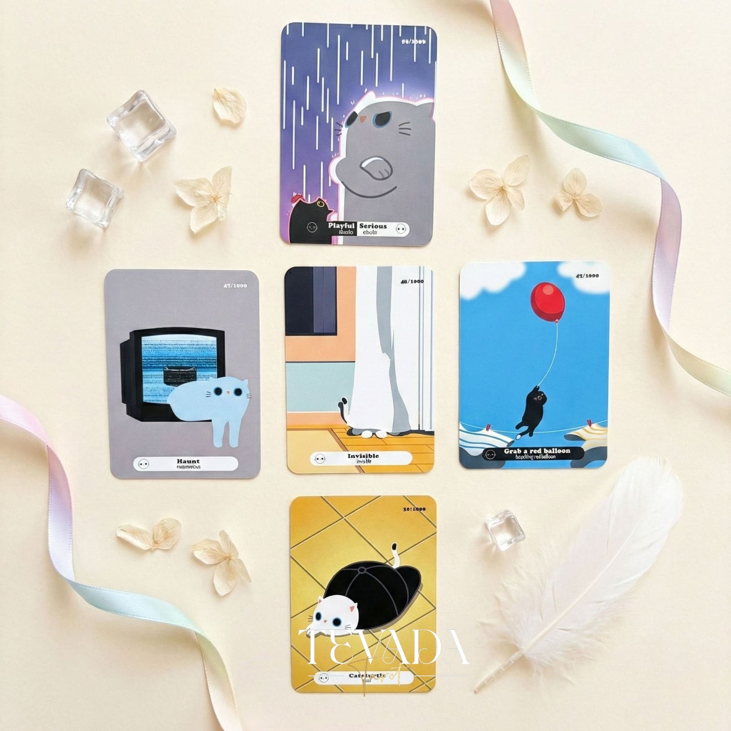 The 1000 Cats Oracle Decks featuring funny cartoon art and pocket size cards for lighthearted divination