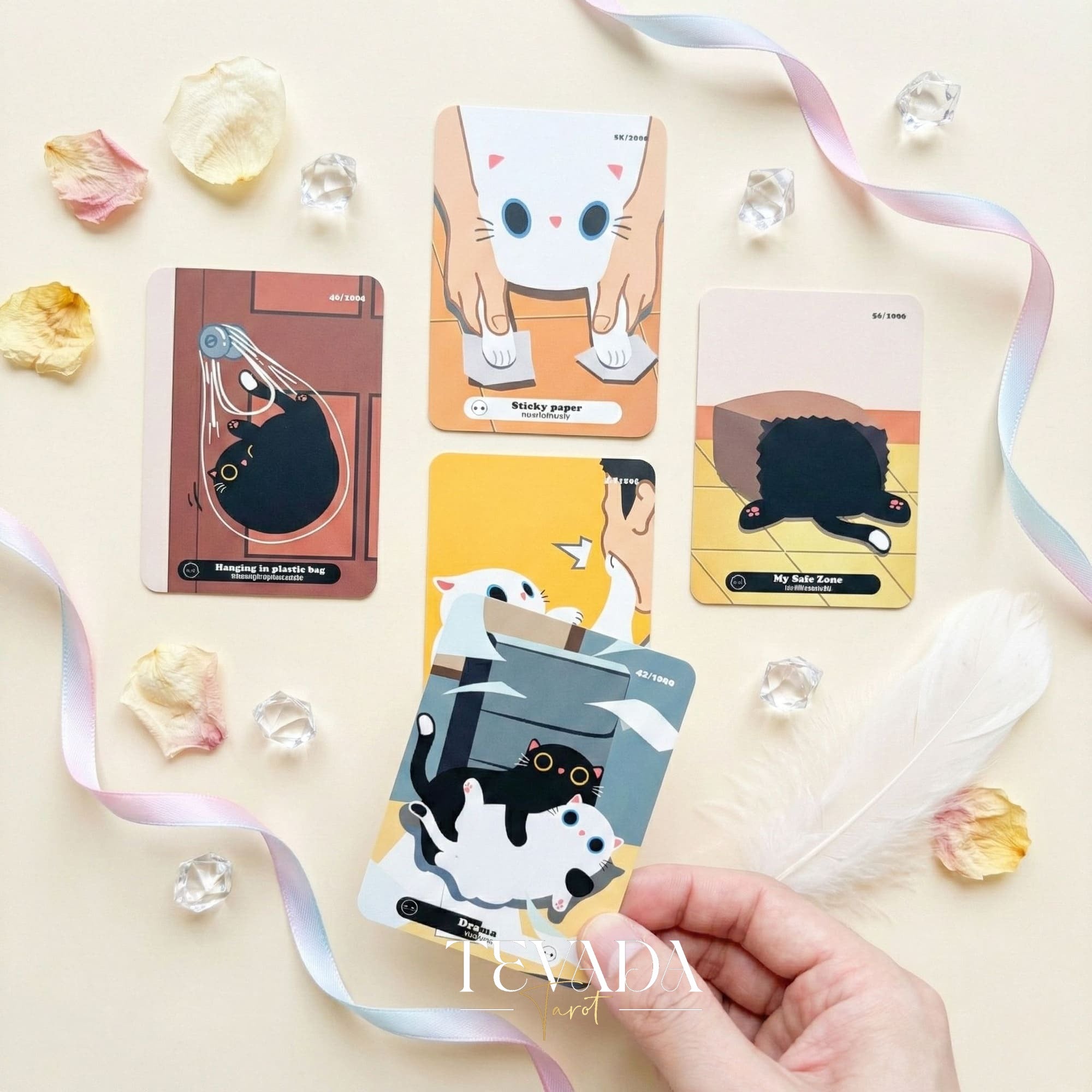 The 1000 Cats Oracle Decks featuring funny cartoon art and pocket size cards for lighthearted divination