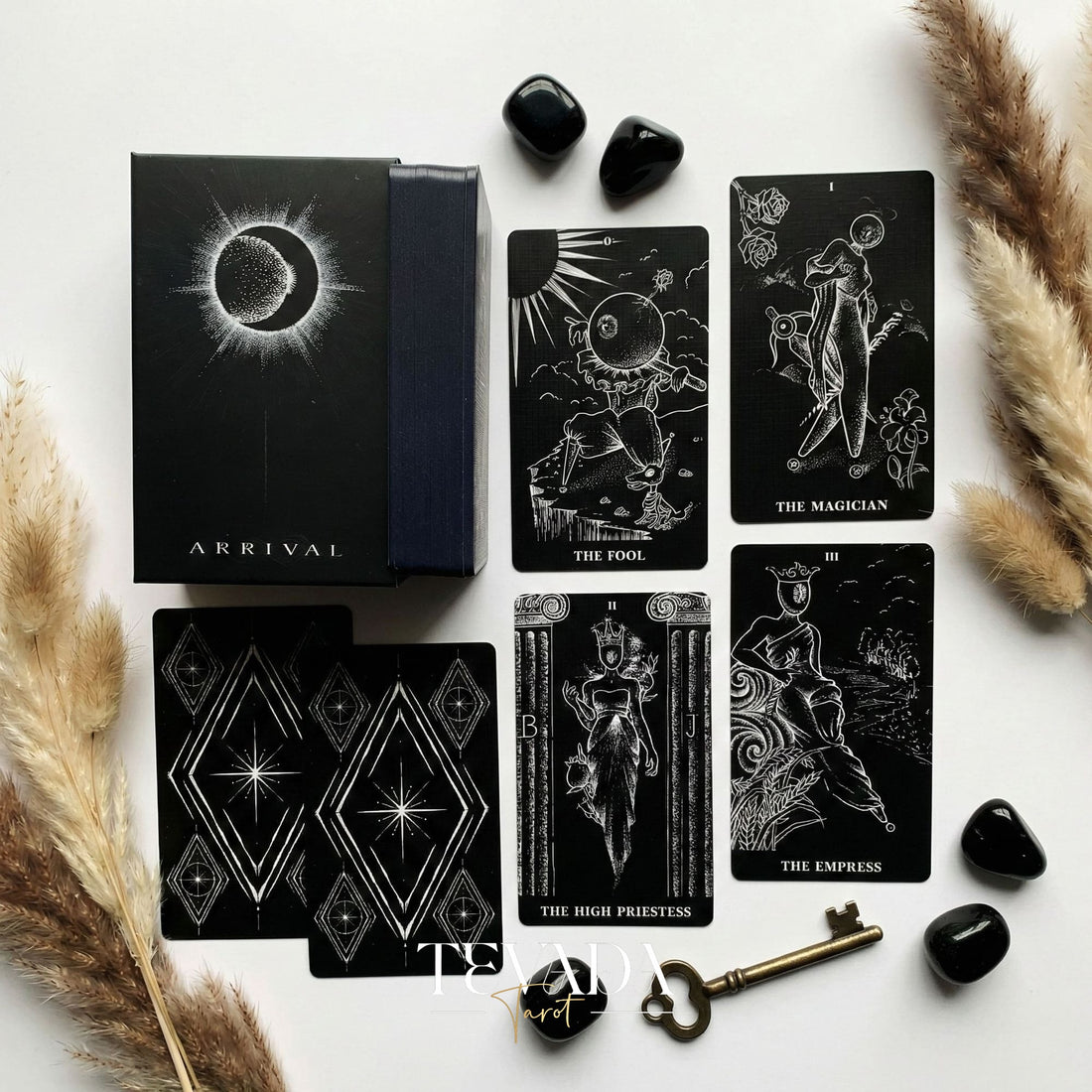 The Arrival Tarot Deck black and white Indie Tarot Deck with black holographic edges for deep shadow work and self reflection.(