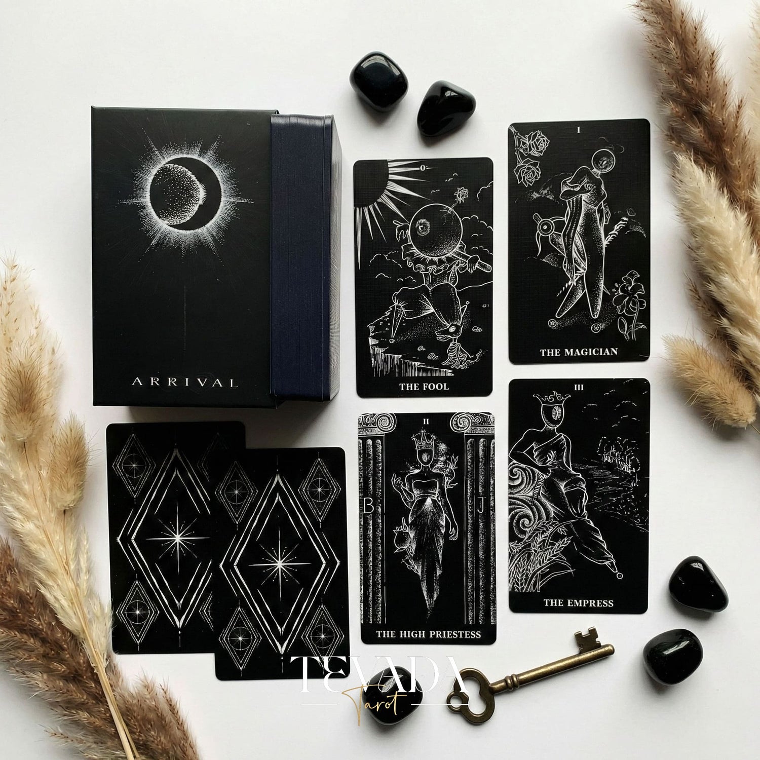 The Arrival Tarot Deck black and white Indie Tarot Deck with black holographic edges for deep shadow work and self reflection.(