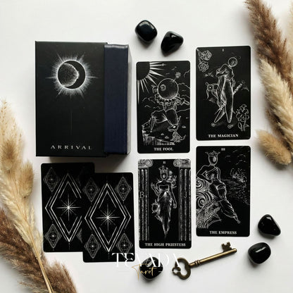 The Arrival Tarot Deck black and white Indie Tarot Deck with black holographic edges for deep shadow work and self reflection.(