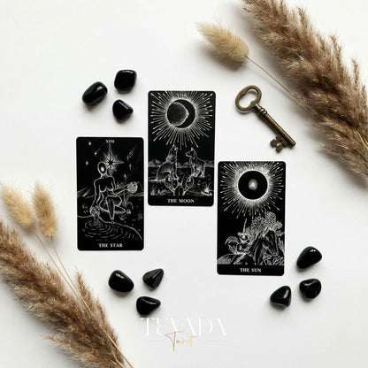The Arrival Tarot Deck black and white Indie Tarot Deck with black holographic edges for deep shadow work and self reflection.(