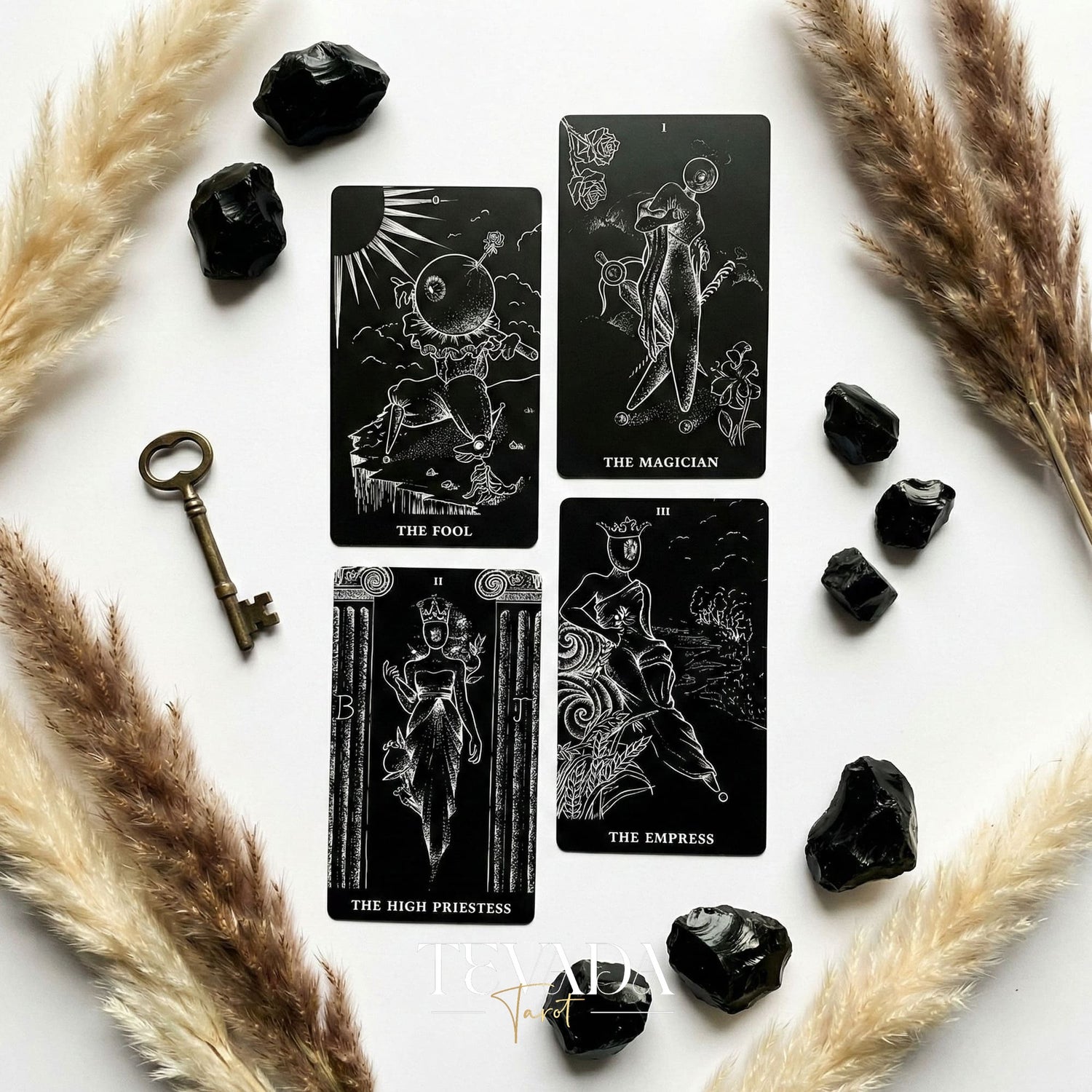 The Arrival Tarot Deck black and white Indie Tarot Deck with black holographic edges for deep shadow work and self reflection.(