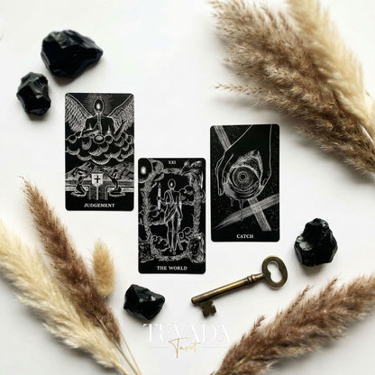 The Arrival Tarot Deck black and white Indie Tarot Deck with black holographic edges for deep shadow work and self reflection.(