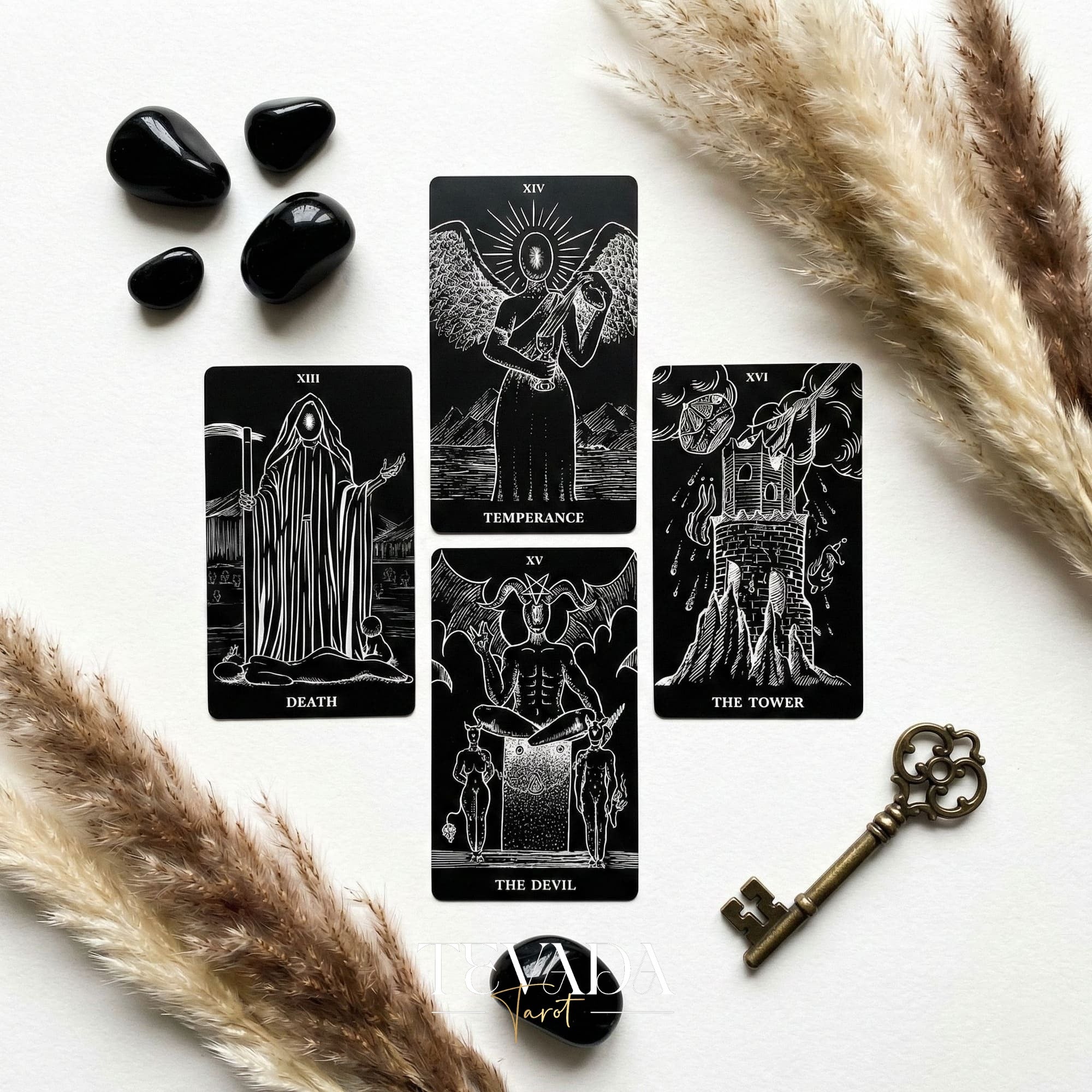 The Arrival Tarot Deck black and white Indie Tarot Deck with black holographic edges for deep shadow work and self reflection.(