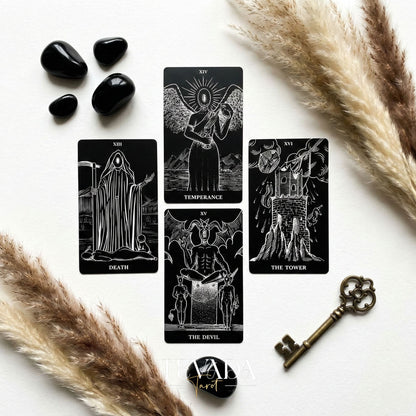The Arrival Tarot Deck black and white Indie Tarot Deck with black holographic edges for deep shadow work and self reflection.(