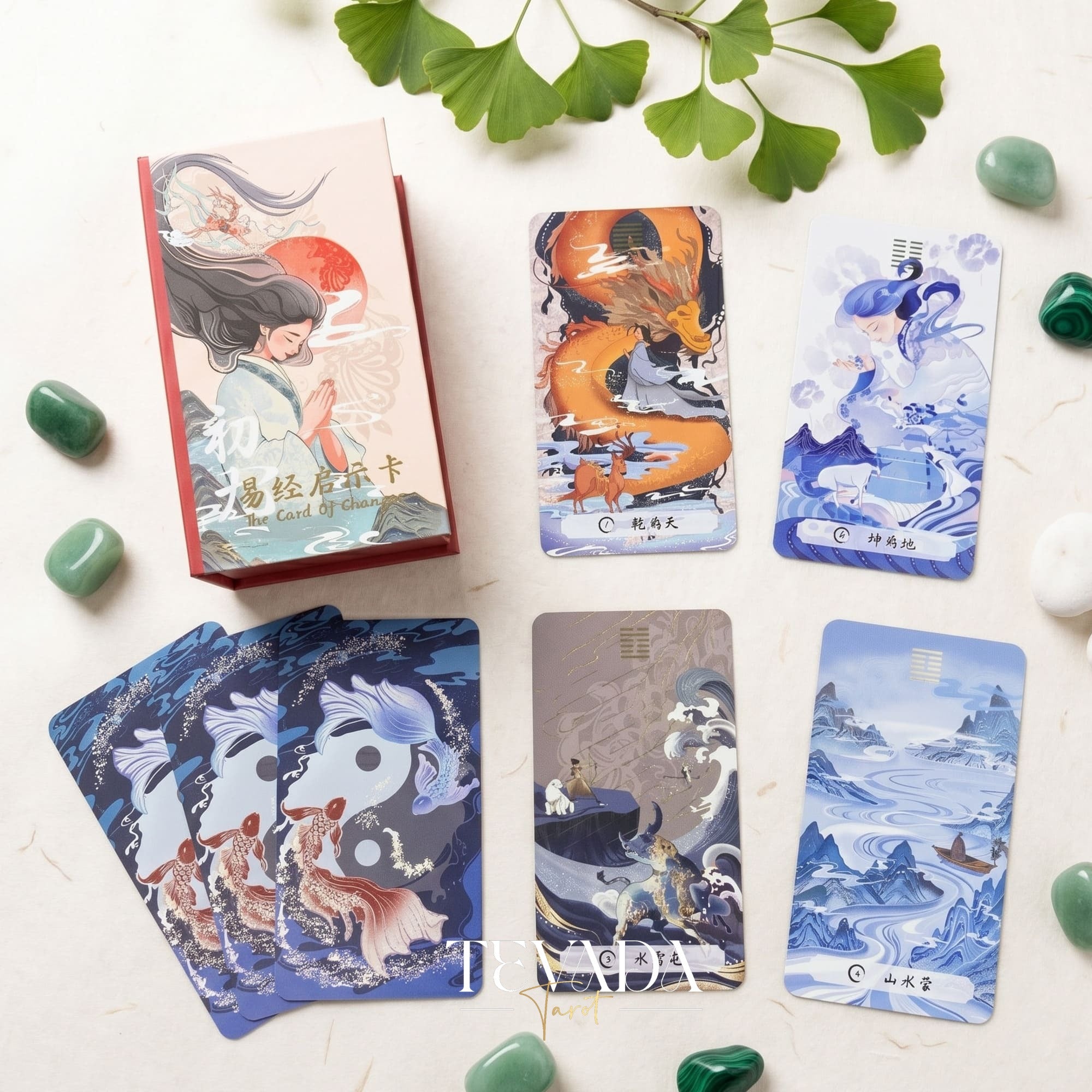 The Card of Changes I-Ching Oracle traditional Chinese painting indie deck with gold stamping for daily reflection.