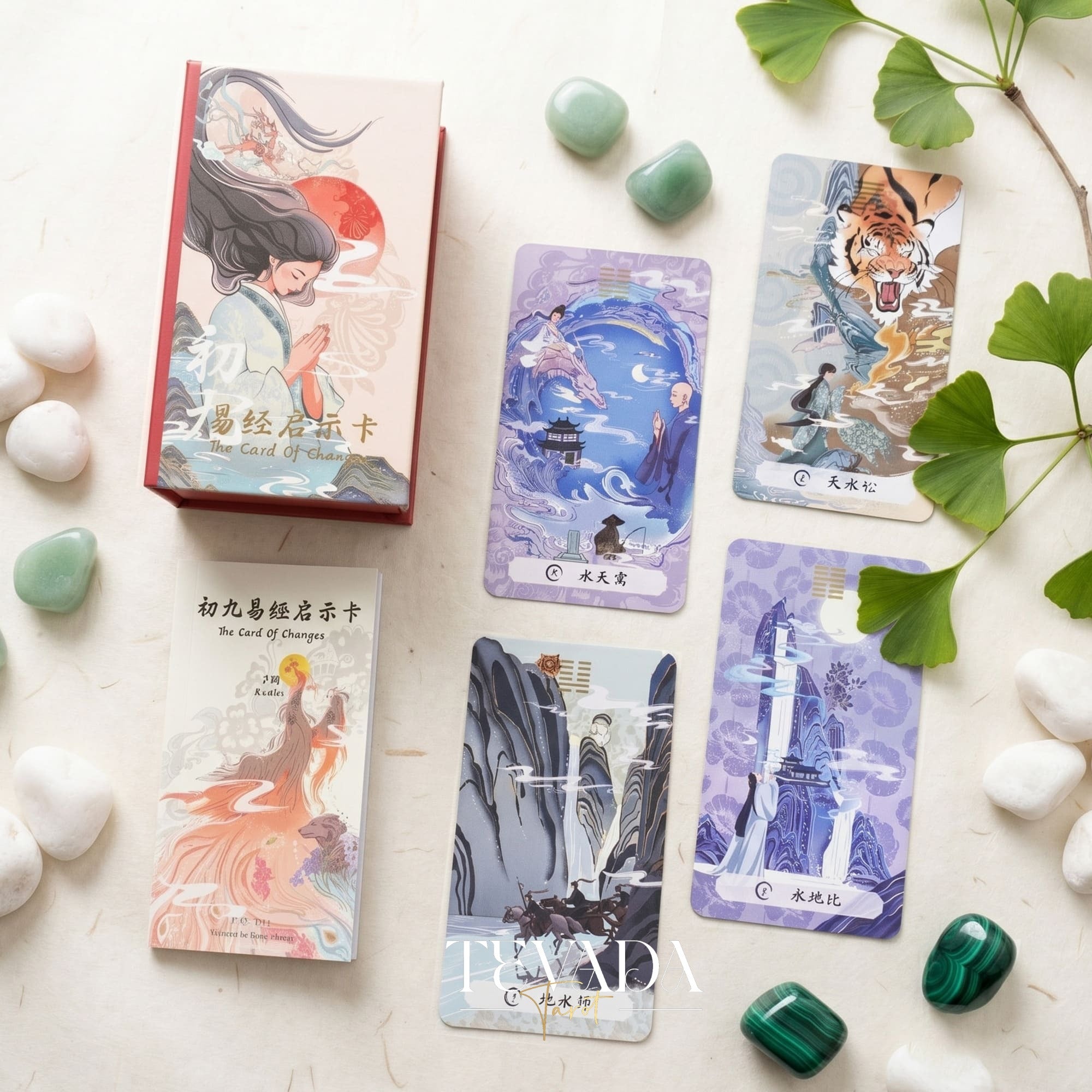 The Card of Changes I-Ching Oracle traditional Chinese painting indie deck with gold stamping for daily reflection.