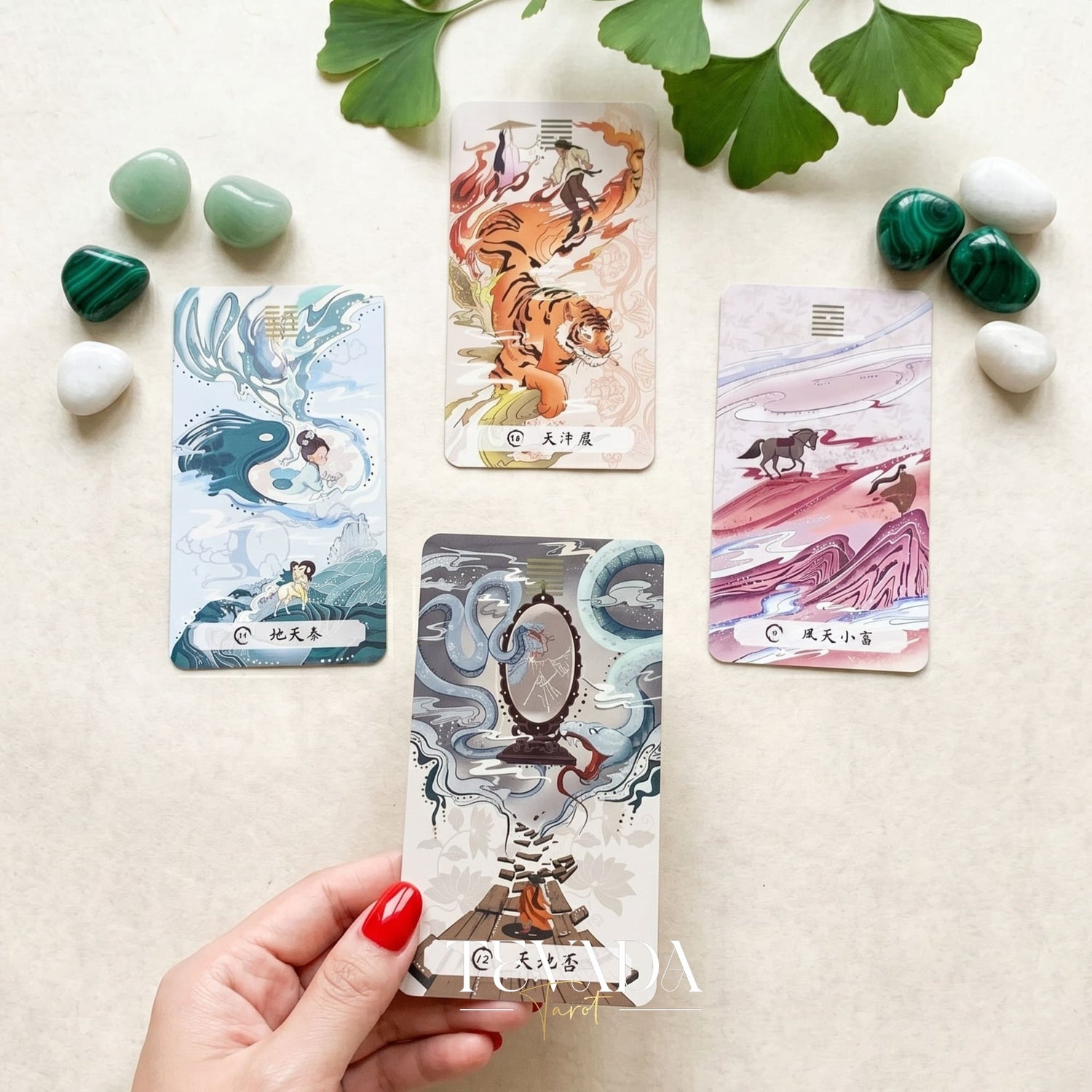 The Card of Changes I-Ching Oracle traditional Chinese painting indie deck with gold stamping for daily reflection.
