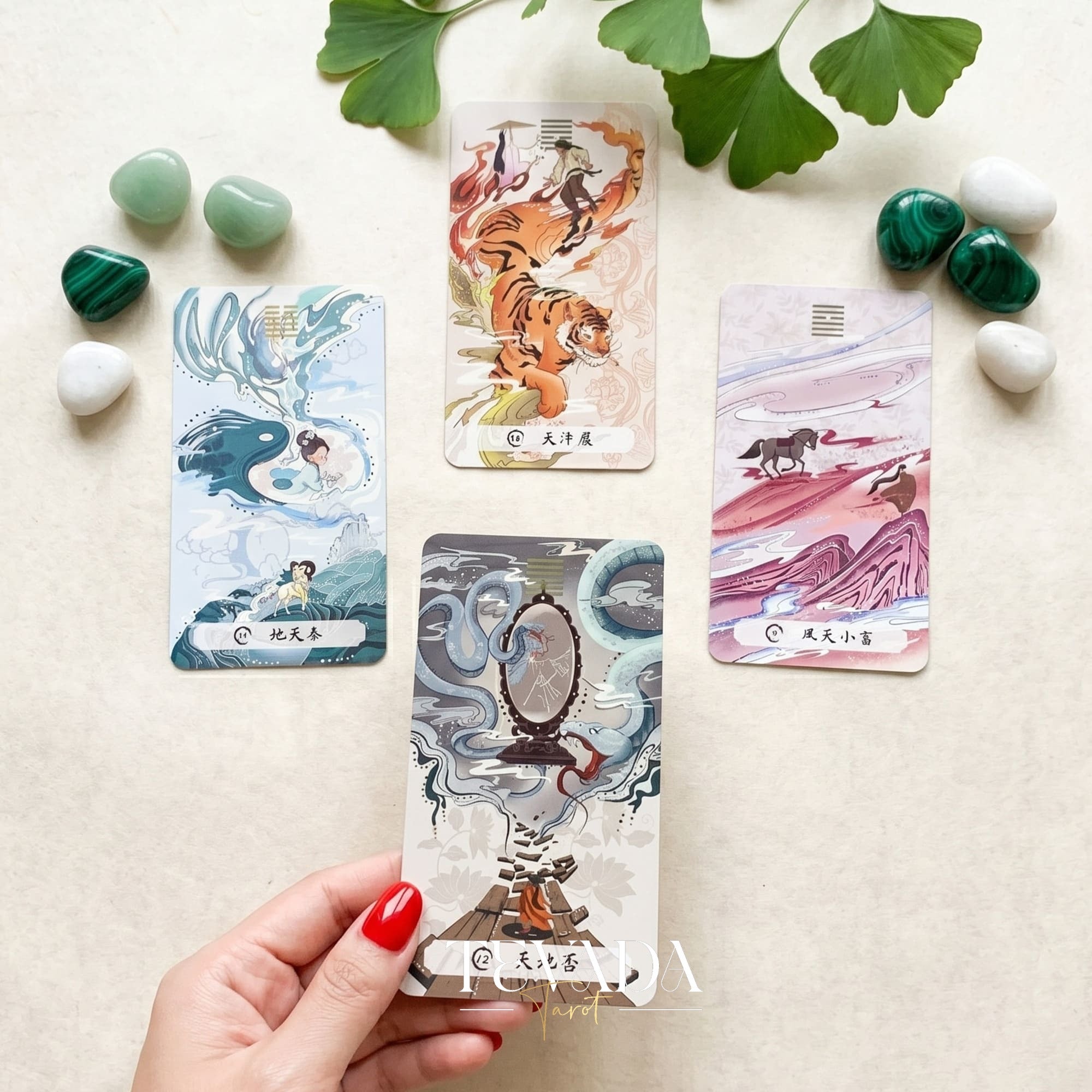 The Card of Changes I-Ching Oracle traditional Chinese painting indie deck with gold stamping for daily reflection.