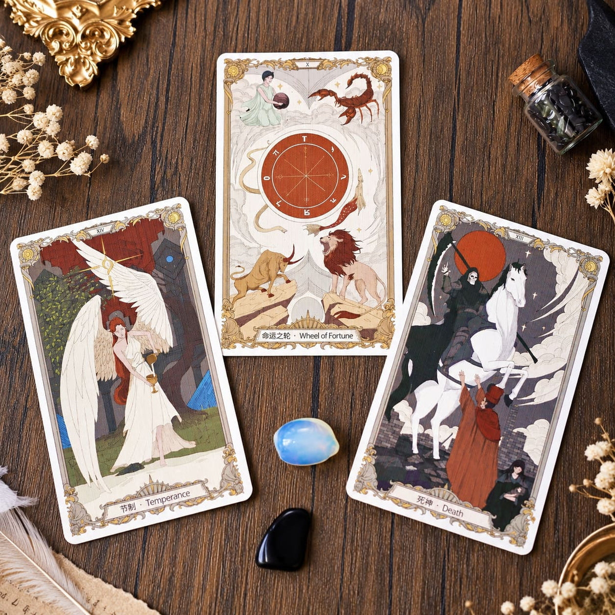 The Covenant Tarot medieval-inspired illustrated cards with ornate borders and holographic gold edges for reflection