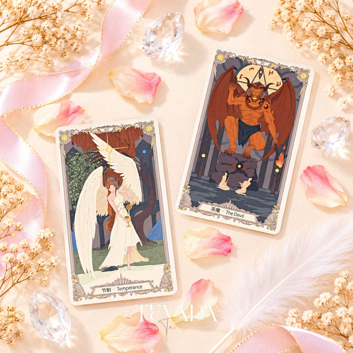 The Covenant Tarot Death and The Devil card fronts shown together with ornate borders.