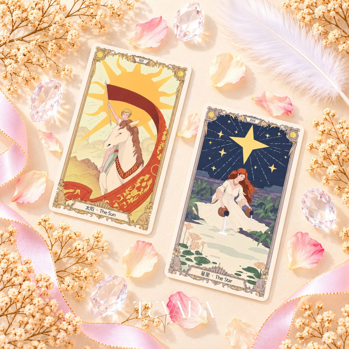 The Covenant Tarot The Sun and The Star card fronts displayed side by side among pink petals.
