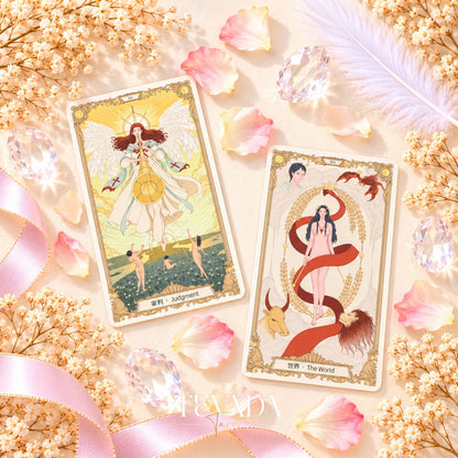 The Covenant Tarot The Fool and The World card fronts displayed side by side on a pink floral background.