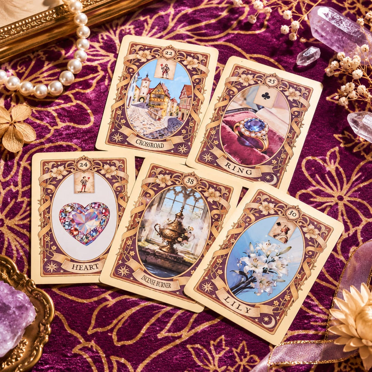 Gilded Spring Encounter Lenormand vintage gilded card set for renewal readings