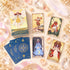 The Covenant Tarot box with The Fool, The High Priestess and other card fronts, plus blue celestial card backs on a pink floral background.