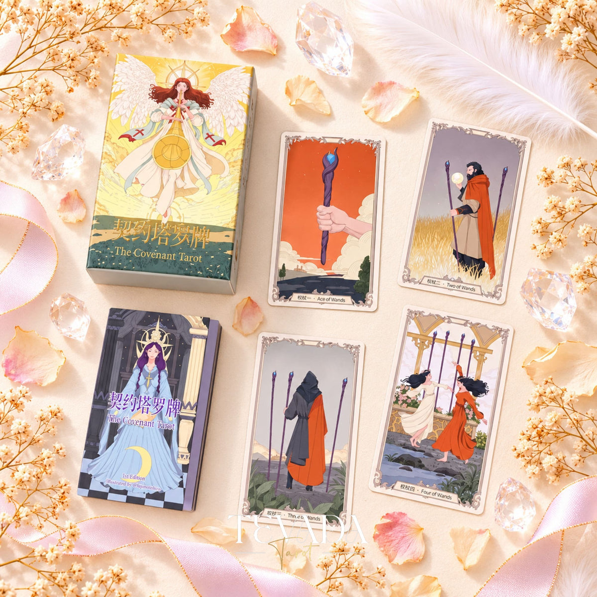 The Covenant Tarot box beside six medieval-inspired Major Arcana card fronts on a pink floral background.